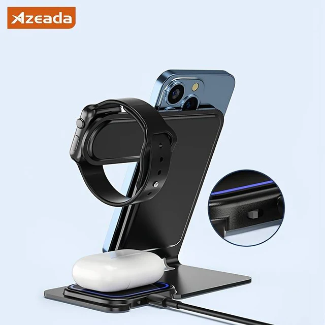 AZEADA PD-W8 15W Dual Fast Wireless Charger, 3-in-1 Folding Wireless Stand Charger Kit For iPhone, iWatch & AirPods